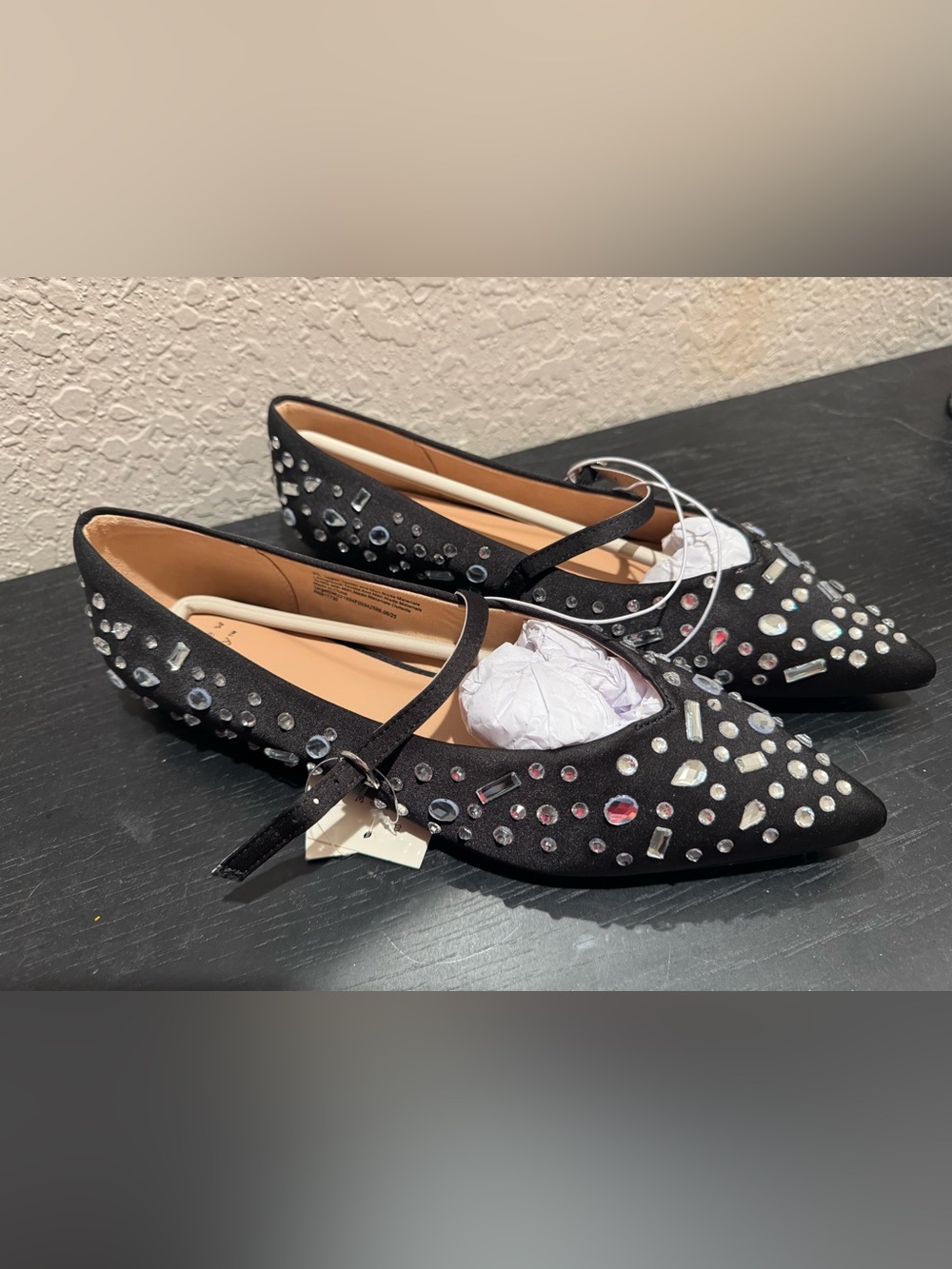 Embellished Black Women's Pointed Toe Mary Jane Flats(New Day)